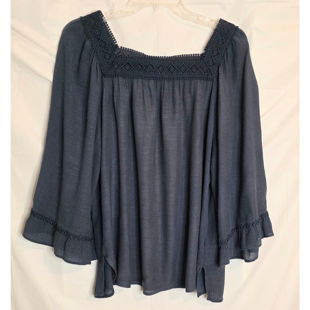 Zac & Rachel Top Women's Size L Navy Sheer Ruffled Bell Sleeves Square Lace Neck